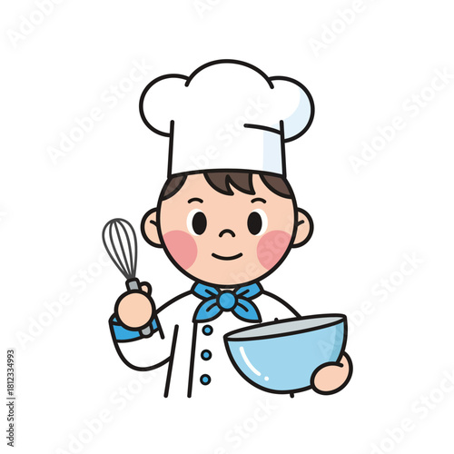 Cartoon illustration of a chef holding a bowl and whisk, wearing a chef's hat and blue bow tie, with rosy cheeks and a friendly smile.