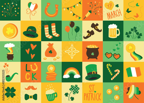 Colorful St. Patrick’s Day Icon Set with Festive Symbols, Lucky Elements, and Irish Holiday Celebration Motifs in a Bright Geometric Grid