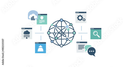 Global network connecting cloud services for streamlined digital transformation and data management, enhancing communication and search capabilities worldwide