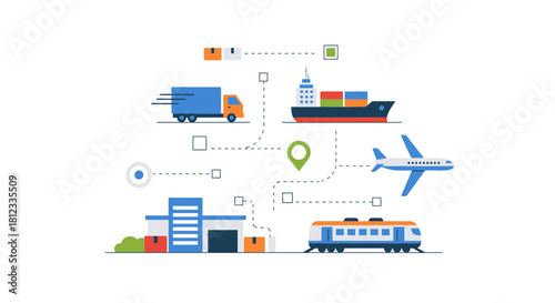 Modern shipping and delivery solutions showing global logistics network, featuring truck, ship, airplane and train for fast, reliable distribution options