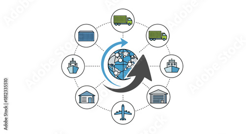 Efficient global logistics network showcasing worldwide supply chain solutions, featuring air cargo, shipping, and truck transport, ideal for business illustrations