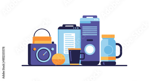 Modern still life arrangement of everyday items, sleek and minimalist design for creative projects, vibrant colors and playful composition, perfect for presentations