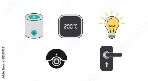 Smart home automation icons for modern living: Enhance your safety and efficiency with sleek designs for security, lighting, and appliances
