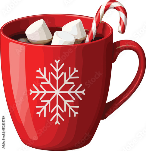 Red Mug of Hot Chocolate with Marshmallows and Candy Cane, Christmas Winter Drink Vector.