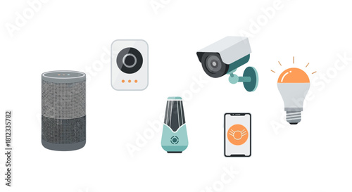 Smart home devices offer convenience and security, including speaker, camera, phone, and lighting for a modern, connected lifestyle