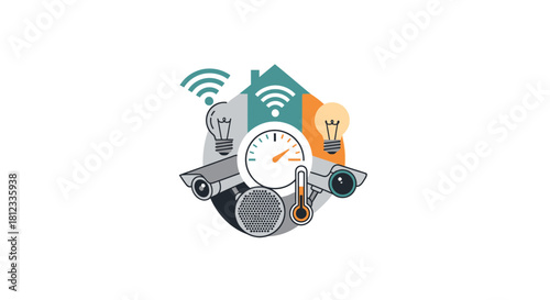 Smart home security system monitoring temperature and energy usage with connected devices, promising safety and energy efficiency for modern homeowners