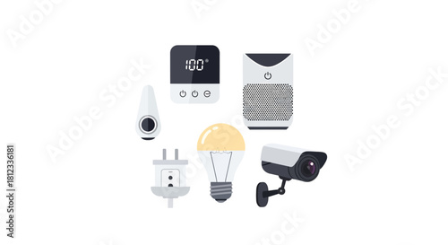 Smart home tech for modern living including security camera, smart plug, air purifier, thermostat, and bulb, ideal for automation and safety systems