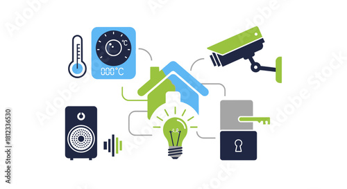 Smart home automation concept showcasing modern technology, security, and energy efficiency for a connected lifestyle, ideal for digital innovation promotion
