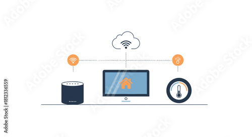 Modern smart home automation concept shows seamless technology integration for convenience and control, connected devices display a networked home system