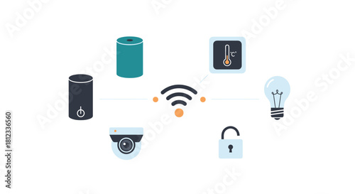 Modern smart home automation system with wireless connection for security, lighting, temperature, and voice control, simplifying lifestyle with technology