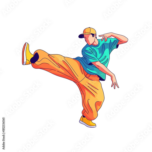 Energetic dancer in vibrant attire showcasing dynamic hip hop moves.