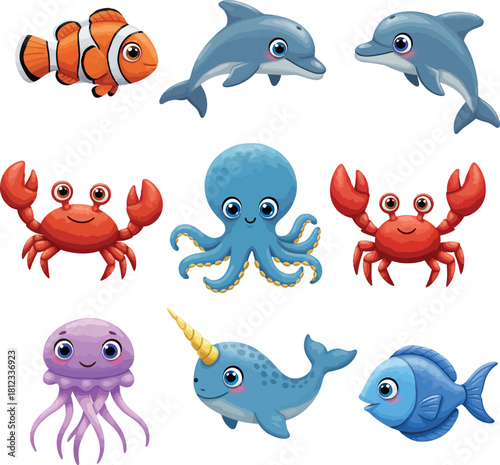Adorable cartoon sea animals collection: dolphin, fish, crab, octopus