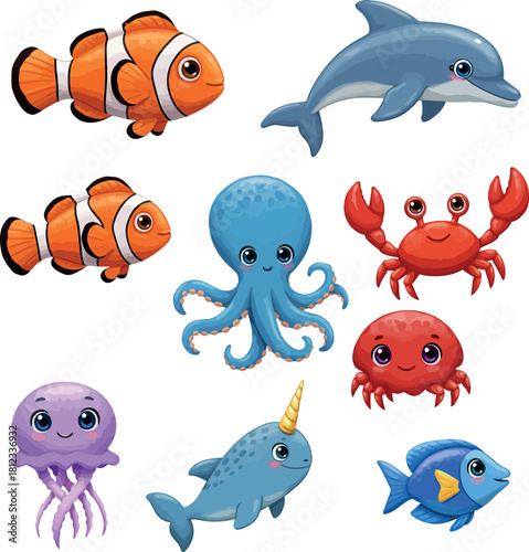 Cute cartoon sea animals collection: dolphin, fish, crab, octopus.