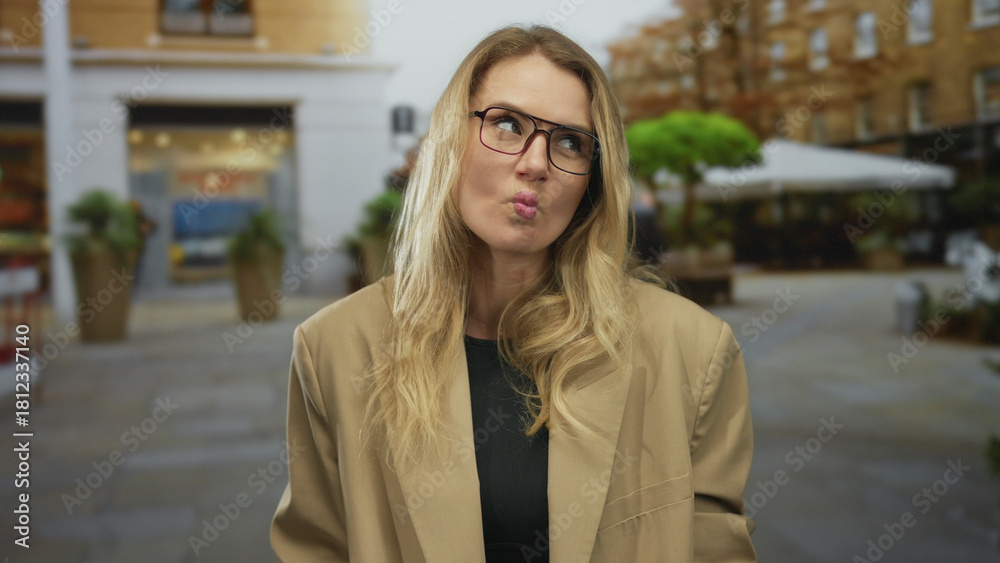 Fototapeta premium Blonde woman making funny faces on a city street, wearing glasses and a beige jacket, with urban scenery in the background, showing a playful and cheerful attitude.