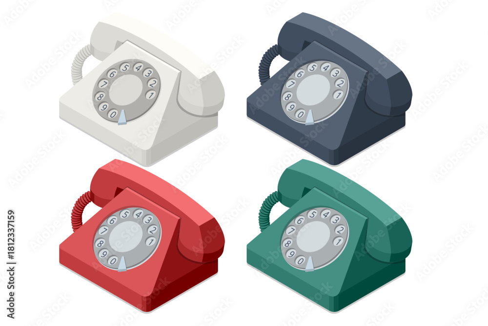 Fototapeta premium Isometric illustration of four vintage rotary telephones in different colors, showcasing classic retro communication devices in a clean minimal style