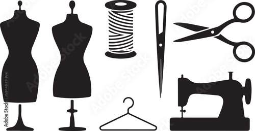 Sewing and Tailoring Tools and Mannequins Silhouette Collection on White Background