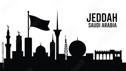 Jeddah saudi arabia skyline silhouette with flag