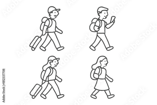 Simple line art travelers walking with backpacks and luggage for vacation or business trip