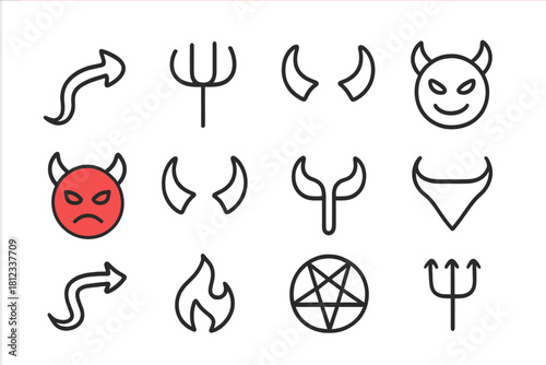Devil symbols outline featuring horns, trident, pentagram, and expressive faces