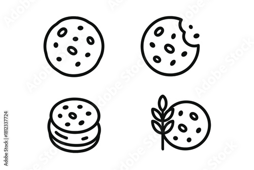 Outline icons set of various chocolate chip cookies and sweet baked goods