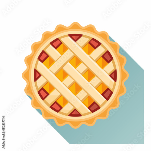 A classic baked apple pie with a golden lattice crust, depicted in a modern flat design style. This vector icon with a long shadow represents homemade dessert and bakery concepts