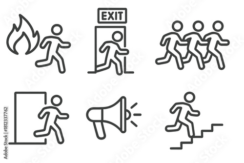 Outline icons set for emergency evacuation, fire safety, running people, and exit signs