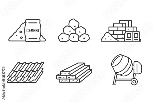 Essential building supplies and construction tools like cement, bricks, wood, and concrete mixer