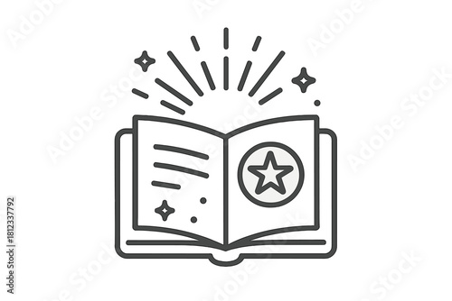 Simple black and white line art icon of an open book with a star badge and radiating light