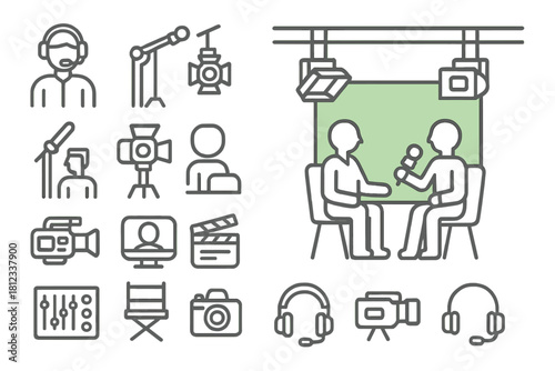 Line icons set for television broadcasting, film production, studio equipment, and media interviews