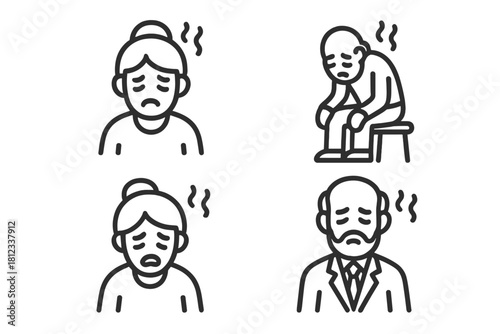 Line art pictograms depicting individuals with symptoms of fever, sickness, or heatstroke