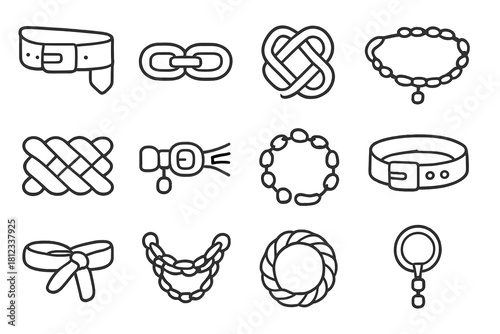 Set of line symbols representing various fashion accessories, chains, knots, and belts
