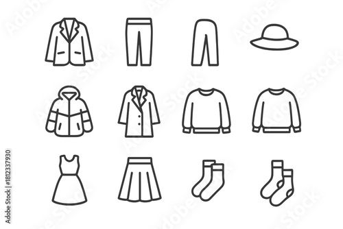 Outline icons representing modern apparel garments and seasonal clothing items