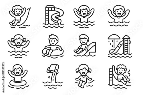 Simple outline icons of children playing and engaging in water park activities