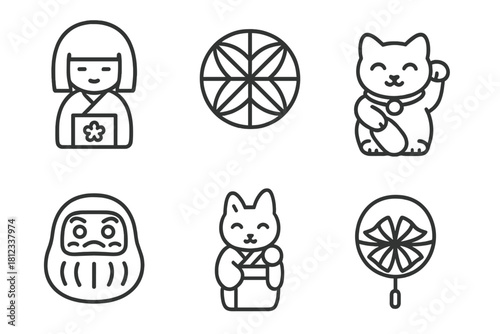 Japanese lucky charms and cultural symbols like Daruma doll and Maneki-neko cat