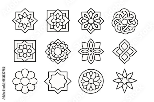 Collection of twelve stylized floral and geometric ornamental symbols and icons