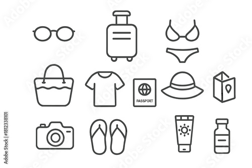 Essential travel and beach vacation accessories set of minimalist line icons