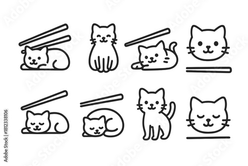 Minimal line art icons of adorable cartoon cats interacting with chopsticks in various poses