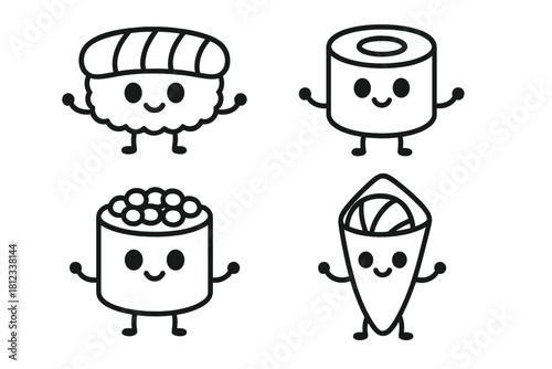 Four adorable Japanese sushi food characters set with happy faces and small arms in outline style