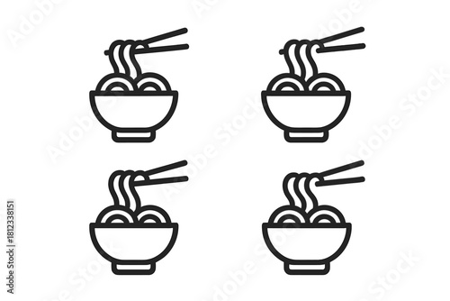 Simple minimalist outline style graphic representing ramen or instant noodles in a bowl with chopsticks