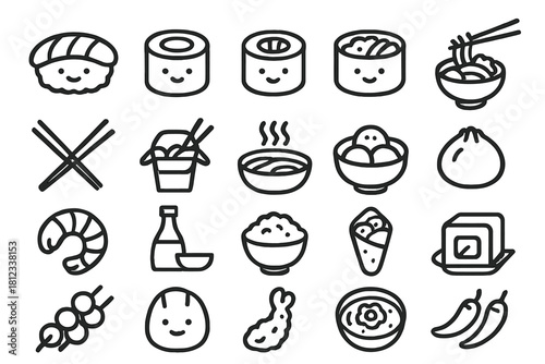 Collection of Asian food and restaurant icons featuring sushi, noodles, dumplings, and chopsticks
