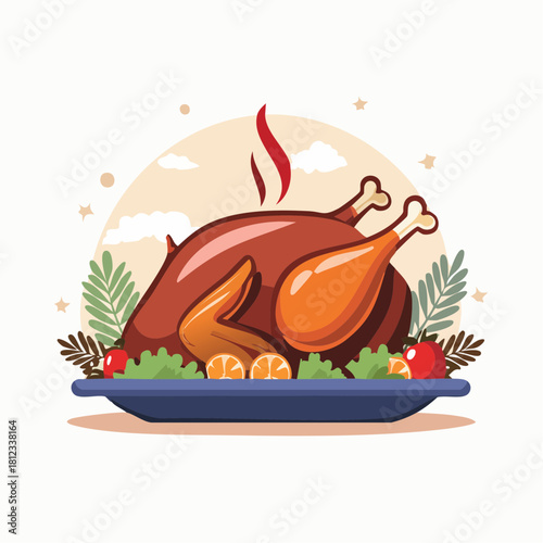 Deliciously Roasted Golden Brown Turkey Dinner Illustration, Perfect for a Festive Holiday Feast or Special Occasion Meal with Traditional Garnishes