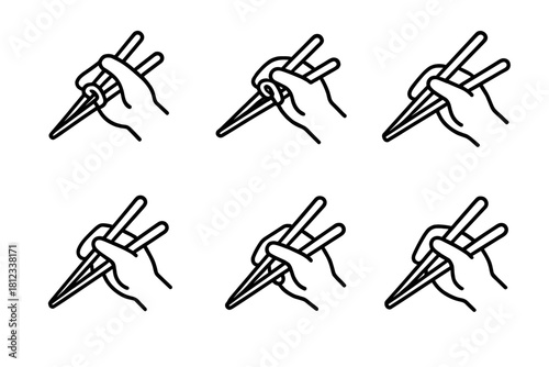 Different hand positions and grips for holding traditional Asian chopsticks while eating
