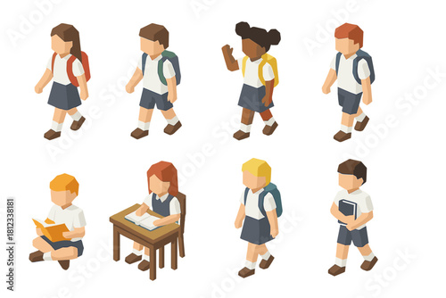 Diverse schoolchildren walking, reading, and studying in isometric style