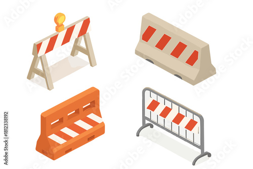 Isometric set of road construction barriers including plastic, concrete, metal fence, and wooden barricade with warning light