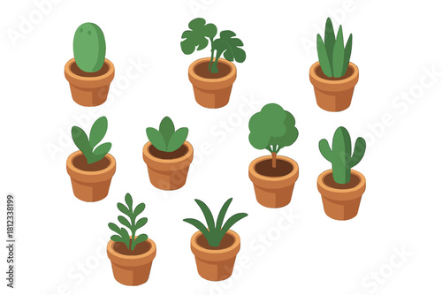 Isometric collection of various potted houseplants including succulents, cacti, and small decorative indoor trees