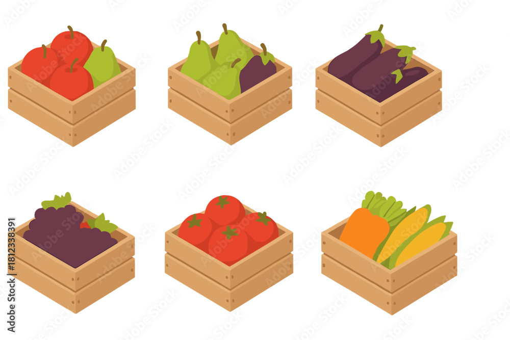 Naklejka premium Fresh organic fruits and vegetables in rustic wooden market crates isometric view