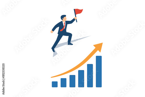 Businessman running up a rising graph line holding a flag symbolizing business success and career achievement