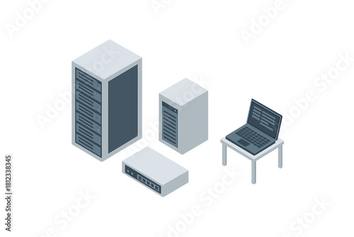 Isometric data center setup with server racks, network switch, and laptop