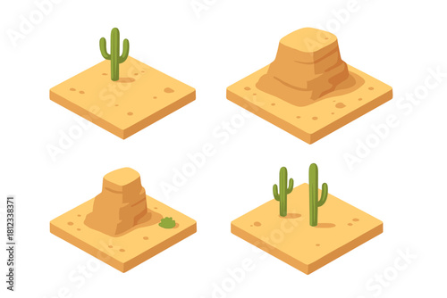 Isometric desert landscape tiles featuring cacti and sandstone rock formations