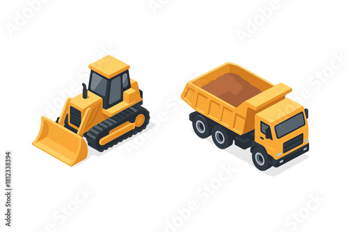 Isometric heavy construction machinery with bulldozer and dump truck carrying dirt